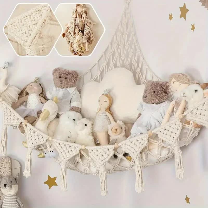 White Triangle Woven Plush Toy Corner Organizer (105x105x145cm)  with octagonal beads and installation kit - Hand-woven cotton mesh toy storage hammock