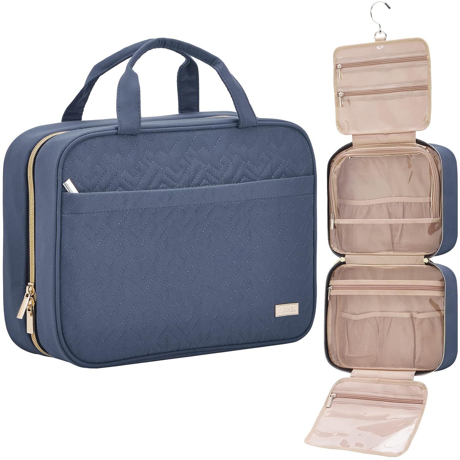 Dark Blue Large Capacity Hanging Toiletry Bag for Women(30.5 x 22.5 x 12 cm) - Checked Pattern Waterproof Cosmetic Organizer, Dry/Wet Separation & Multi-Compartment