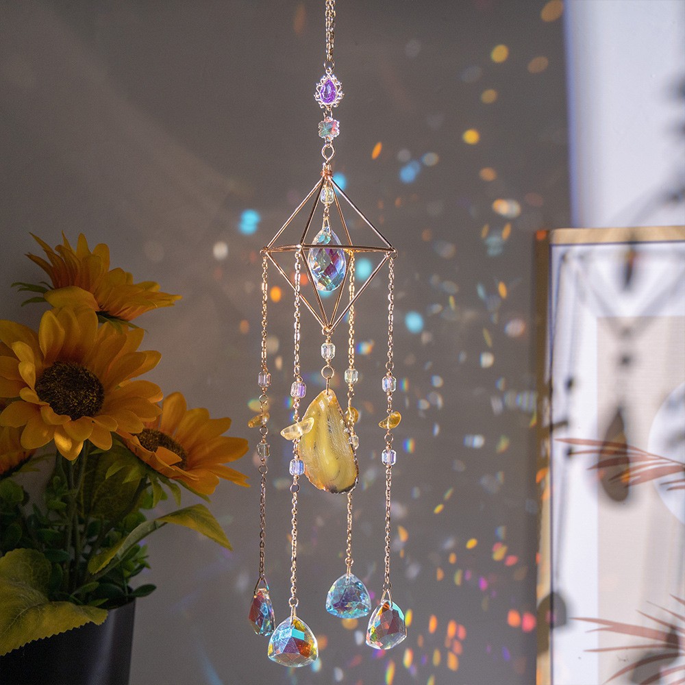 Twilight Sun Handmade Crystal Ornament - Agate Slice & Prism for Window Rainbow Making
