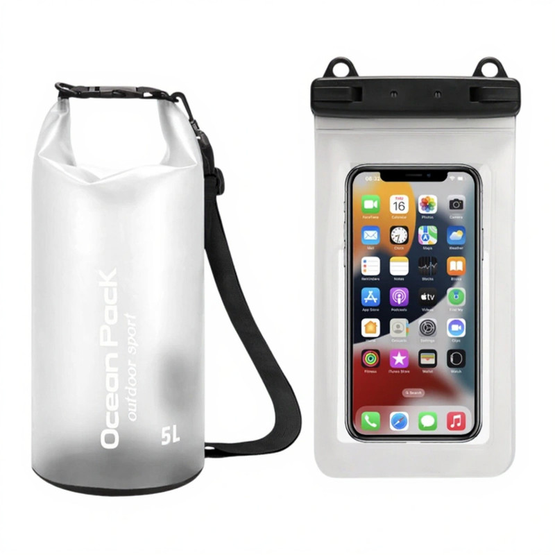 White 5L PVC Waterproof Swimming Bag Bonus with Waterproof Phone Pouch - Roll-Top Floating Dry Gear Bags for Beach, Kayaking & Outdoor Sports