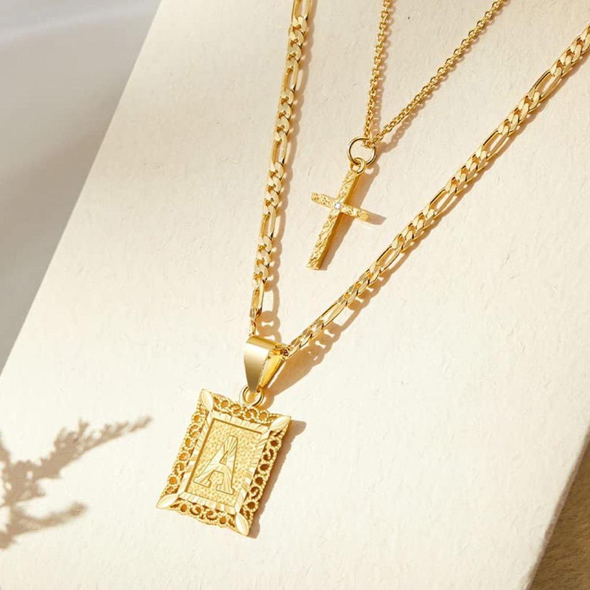 Personalised Copper Adjustable Layered Necklace Set(4PCS) - Custom A-Z Initial Letter Square + Cross Pendant & Double Cross Pendant Stacking Combo