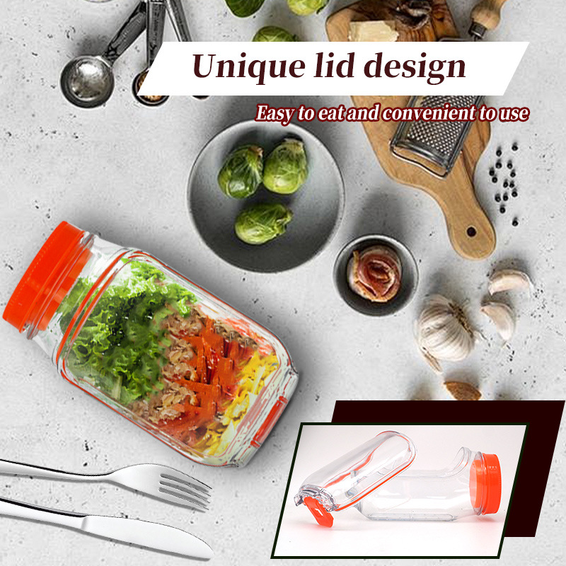 2-Pack(Green&Orange) Portable All-in-One Side-Opening Salad Container Jar with Fork(10.5x19CM) - Plastic Layered Meal Storage Cup for Kitchen & On-the-Go