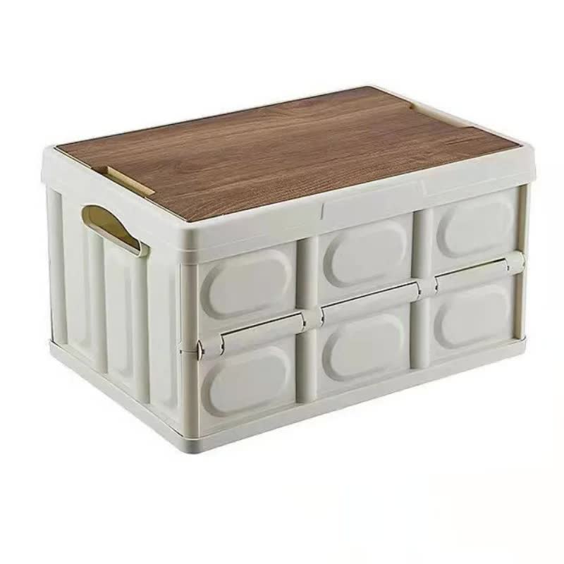 White Collapsible Medium Standard Storage Box with Wooden Table Top(42x28x23CM) - Car Trunk Organiser for Australian Camping & Home Use