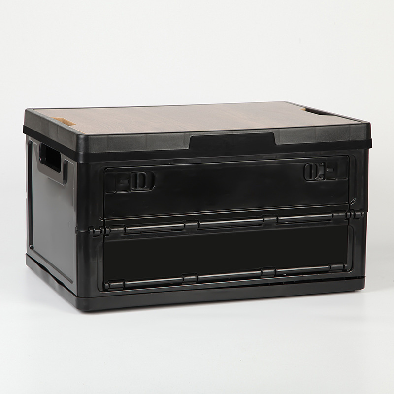 Black Collapsible Medium Side-Open Storage Box with Wooden Table Top(42x28x23CM) - Car Trunk Organiser for Australian Camping & Home Use