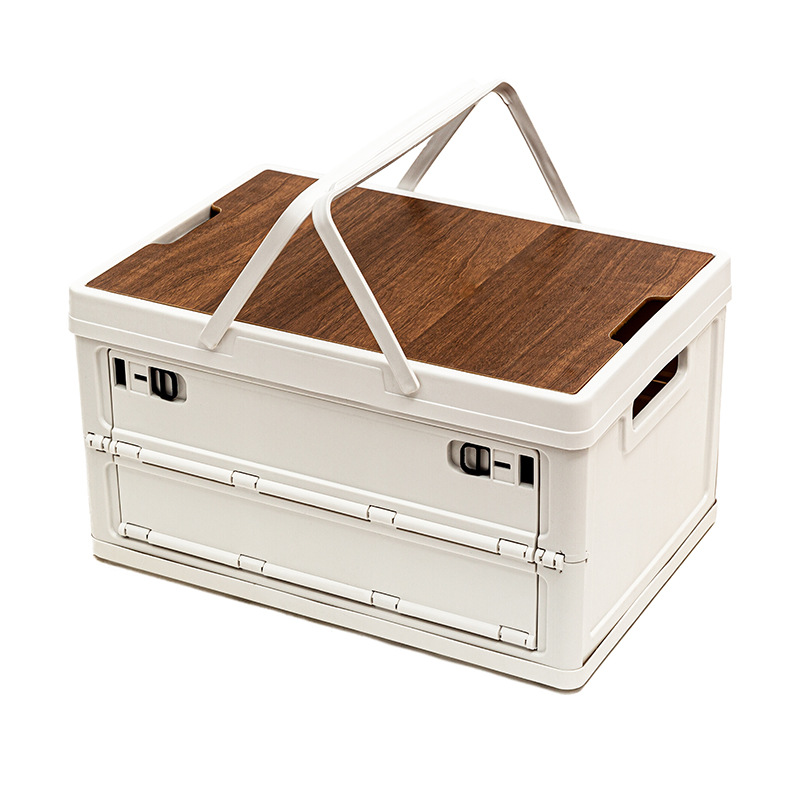 White Collapsible Medium Side-Open Handle Storage Box with Wooden Table Top(42x28x23CM) - Car Trunk Organiser for Australian Camping & Home Use