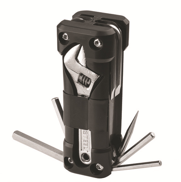 Black Compact 16-in-1 Bicycle & Motorcycle Repair Multi-Tool with Adjustable Wrench & Socket Set