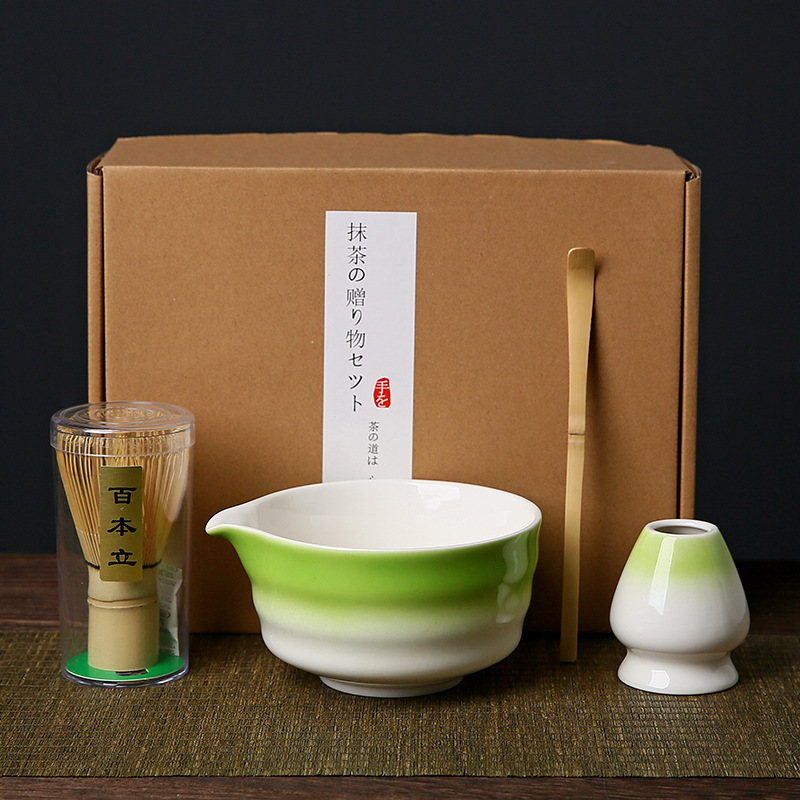 Green and white Complete Matcha Tea Ceremony Set - 4-Piece Japanese Traditional Whisk, Bowl, Whisk Holder & Scoop for Authentic Preparation at Home