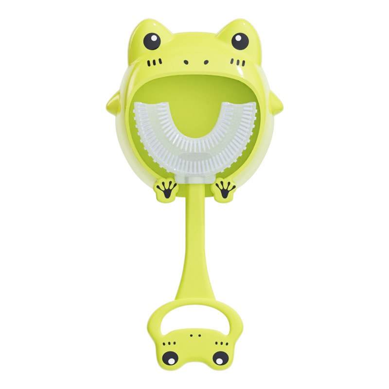 Green frog U-Shaped Kids Toothbrush - Food Grade Silicone Manual Toothbrush for 2-12 Year Olds - 360 degree Full Mouth Cleaning Baby Oral Care - Comes with Wall Mount Holder