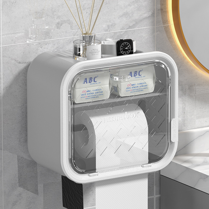 Grey Wall Mounted Dual Layer Bathroom Tissue Box Holder with Storage Drawer Waterproof Dispenser for Toilet Paper and Tissues