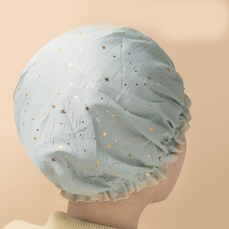 3 Pack The light green of the starry sky Double Layer Shower Cap for Women Waterproof Bath Hair Cover Reusable Elastic Hat for Spa Salon and Home Use