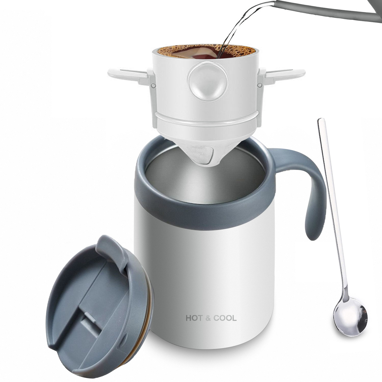 White Portable Pour Over Coffee Maker Set Insulated Stainless Steel Travel Mug with Reusable Drip Filter and Spoon 3 Piece Kit
