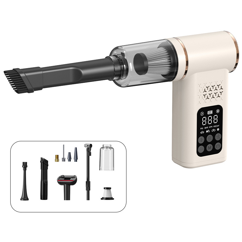 Beige 4-in-1 Car Vacuum Cleaner and Tyre Inflator Portable Cordless Air Pump with LED Light and Digital Pressure Gauge