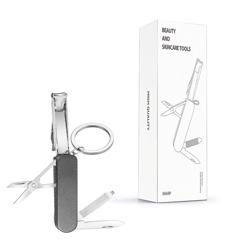 2-PCS Black 5-in-1 Foldable Stainless Steel Nail Clipper Multitool Keychain with Knife Scissors and File Portable Pocket Manicure Set