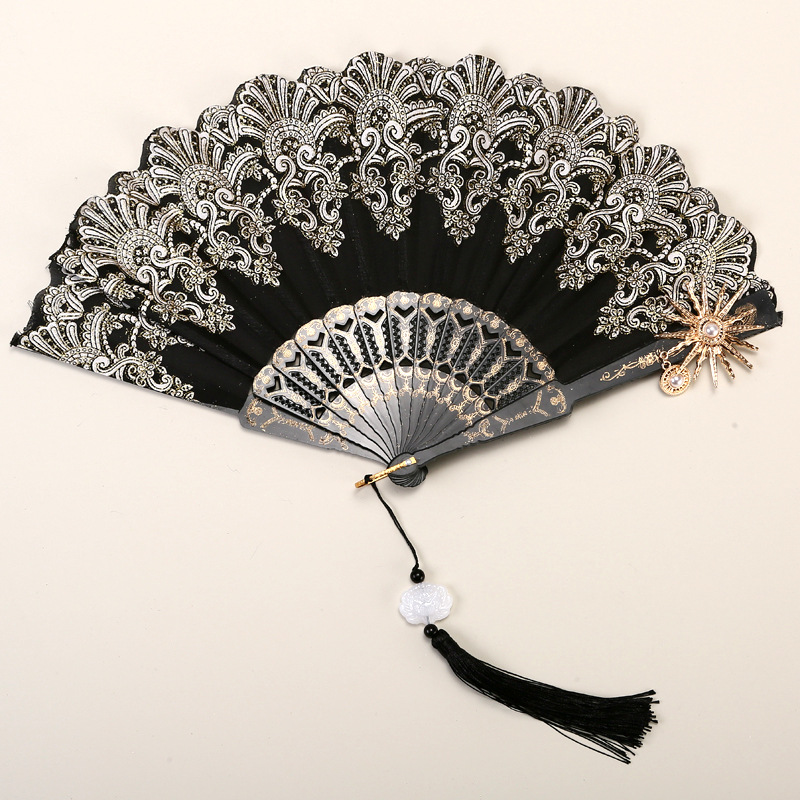 2 Pack Black Sunflower with Gold Foil Stamping Vintage Lace Folding Fans Gothic Palace Style with Rose Cross Tassels for Tea Party Cosplay and Photo Props