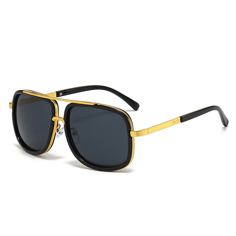 Men's Retro Oversized Square Sunglasses Vintage Thick Frame Gold Flat Top Aviator Style Shades UV400 Black