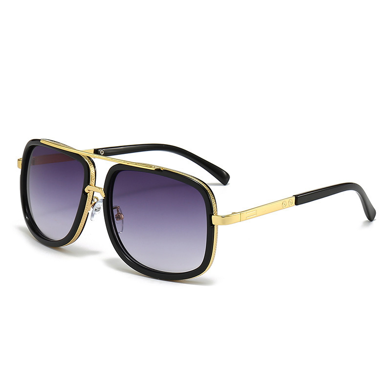 Men's Retro Oversized Square Sunglasses Vintage Thick Frame Gold Flat Top Aviator Style Shades UV400 Gray