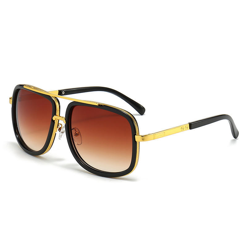 Men's Retro Oversized Square Sunglasses Vintage Thick Frame Gold Flat Top Aviator Style Shades UV400 Tea
