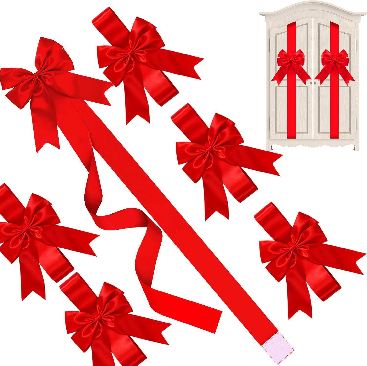 Red Satin Cabinet Door Bows 5 Pack - Large Pre-made Ribbon with Velcro Attachment for Kitchen Cupboards, Weddings, Gift Wrapping & Party Decor - Adjustable Fit
