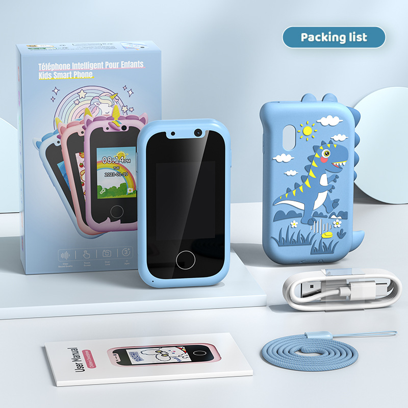 Kids Smart Phone Toy with Dual Camera and IPS Touch Screen Blue Dinosaur Silicone Case Educational Games MP3 Music Player 512MB Card Included Ideal Gift for Boys