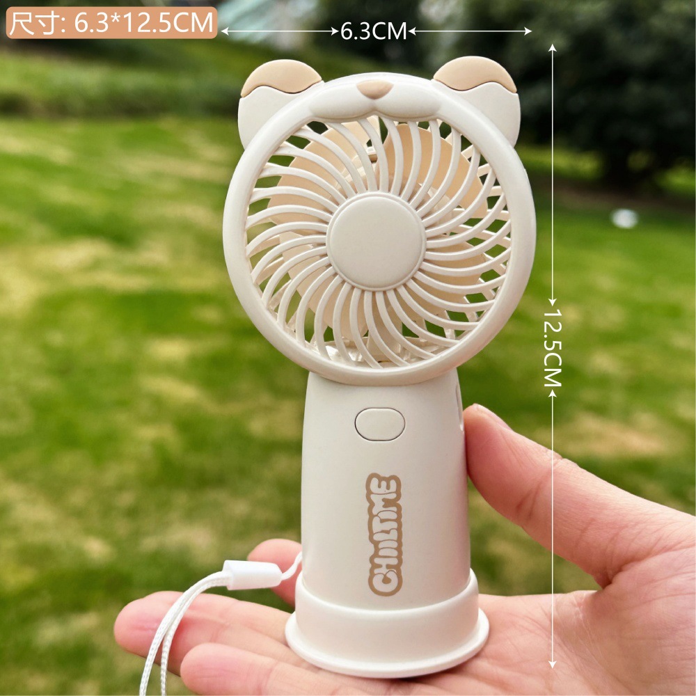 Mini Handheld Fan Rechargeable Portable Personal Cooling Device Cute Bear Design 3 Speed Adjustable with Stand Lanyard for Travel Kids Office Beige