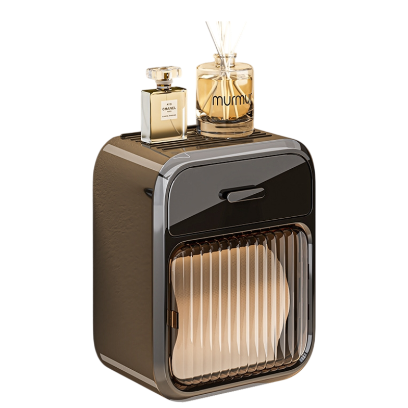 Black No-Drill Wall Mounted Toilet Paper Holder with Storage Shelf and Drawer - Waterproof Bathroom Tissue Dispenser for Roll & Face Tissue