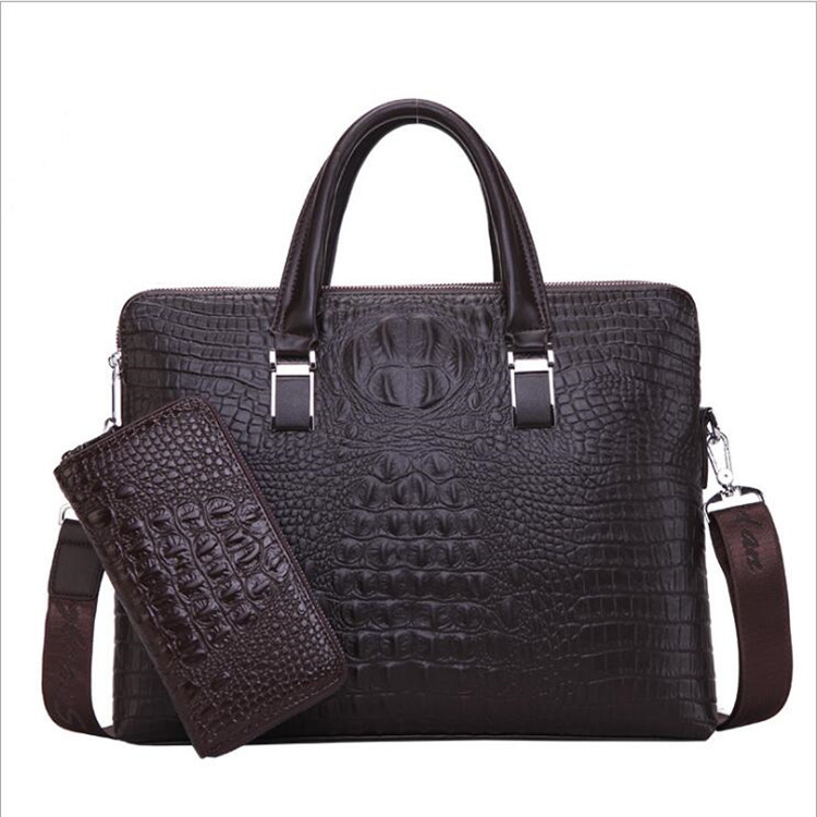 Brown Men's Luxury Crocodile Embossed PU Leather Briefcase(39 x 8 x 28 CM) With FREE Crocodile Wallet - Dual-Zip Business Shoulder/Crossbody Laptop Bag (Fits 14-inch)