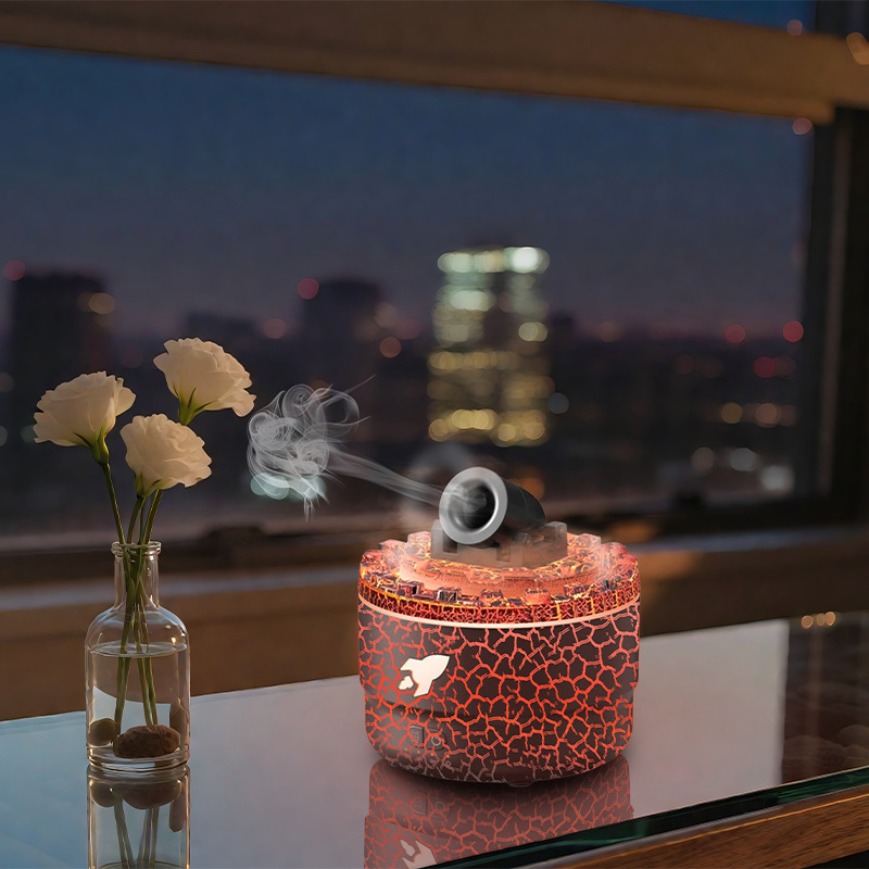 176 Black Simulation Turret Diffuser & Humidifier - Smart Timer Ultrasonic Mister with Volcano Lava Crack Shell and Colorful Light