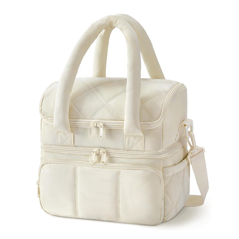 Beige Double-Layer Insulated Quilted Puffer Lunch Bag(10 x 7 x 10 inch) - Large Capacity Picnic Cooler Tote, Long-Lasting Hot/Cold Retention