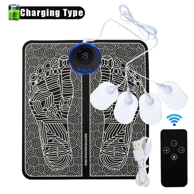 EMS Foot Massager Mat With 4 Adhesive Pads & Remote Control - Pulse Device for Foot Reflexology, Deep Tissue Massage, and Acupressure Stimulation