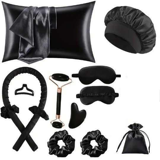 12-Piece Heatless Hair Curler Set for Damage-Free Curls & Comfortable Sleep - Soft Sponge Sleep-In Rollers for DIY Styling (Black)