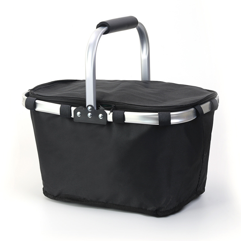 Black Foldable Insulated Picnic Basket With Zipper Lid & Handle - Modern Minimalist Large Capacity Thermal Shopping Basket for Grocery, Camping, and Meal Delivery