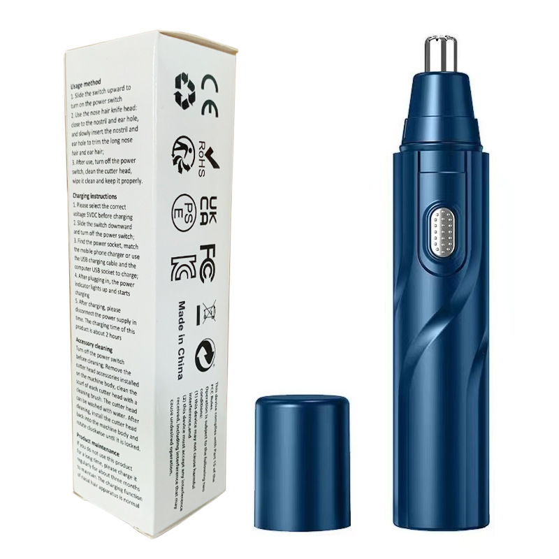 CX-D2 Blue Electric Nose Hair Trimmer(12x2.5CM) - High-Speed 360° Rotating Blade, Painless Ear and Nose Hair Groomer with USB Charging