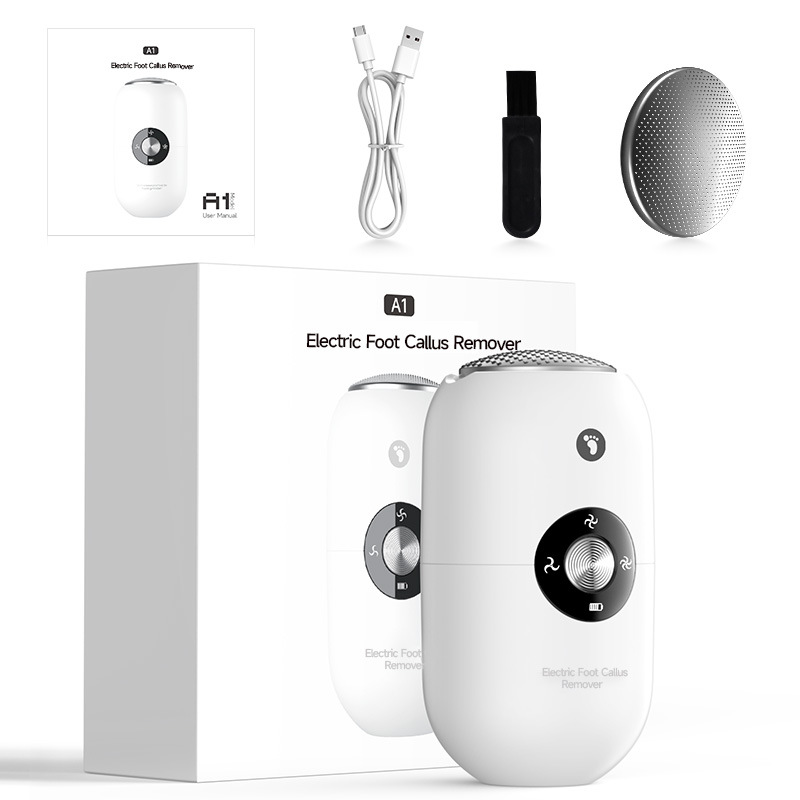 White A1 Compact Electric Foot Dead Skin and Callus Remover - IPX6 Pedicure Tool with 3-Speed Mode & Dual 360°Rotating Stainless Steel Heads