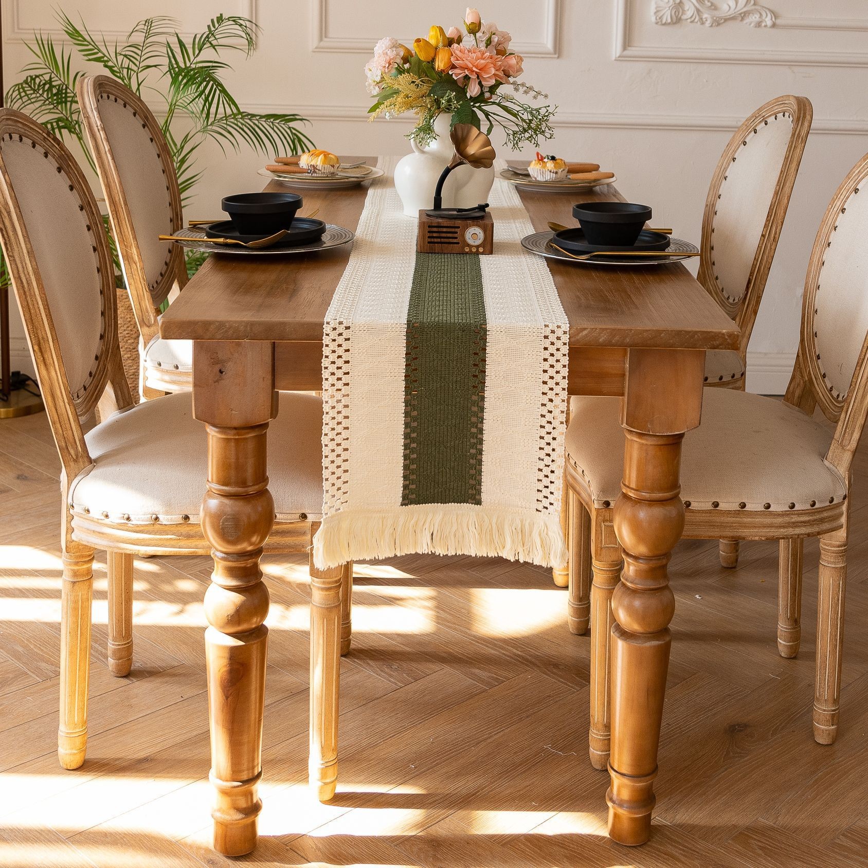 White-Green Bohemian Woven Table Runner with Tassels(30X183CM) - Wrinkle-Resistant Striped Table Scarf for Wedding, Holiday & Outdoor Party
