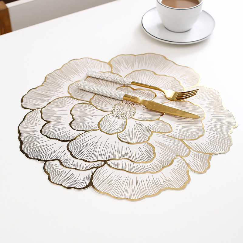 4-Pack Gold Luxury Bronzing Floral Heat-Insulated Placemats - Peony Style Anti-Slip & Waterproof PVC Table Mats(38x38CM)