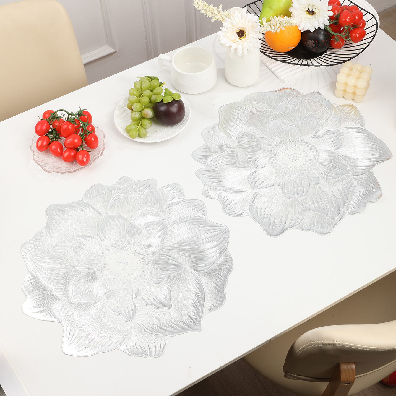 4-Pack Sliver Luxury Bronzing Floral Heat-Insulated Placemats - Lotus Style Anti-Slip & Waterproof PVC Table Mats(38x38CM)