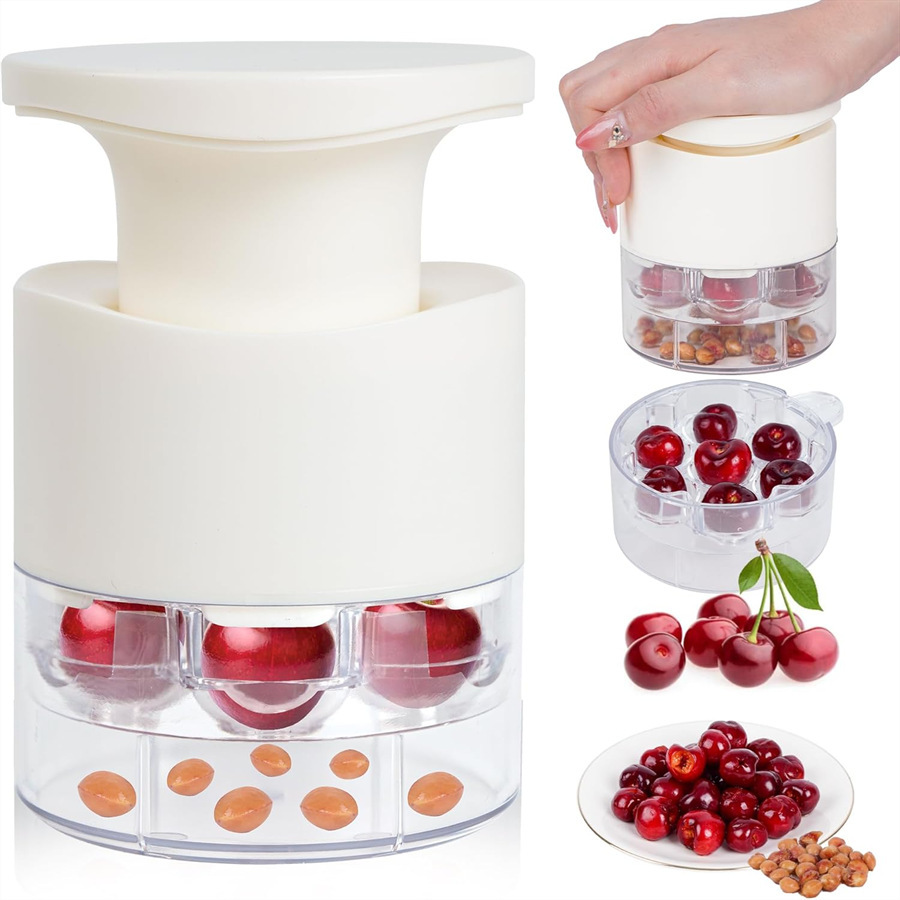 White Efficient 7-Hole Cherry Pitter Tool - Food Grade Push-Type Fruit Corer for Red Dates & Olives