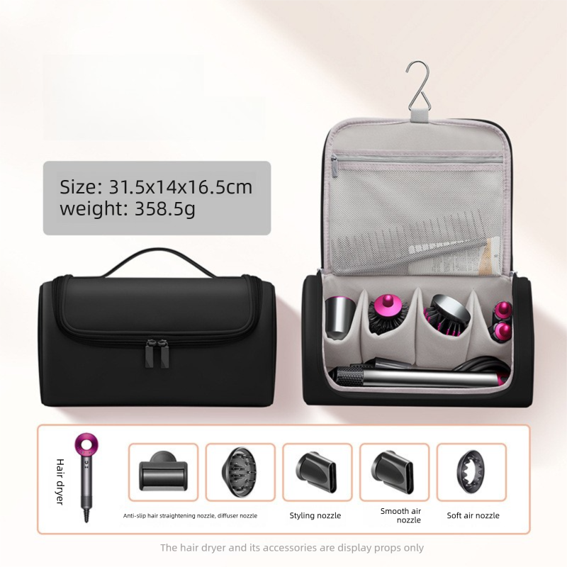 Black Portable Hair Dryer and Curler Storage Bag Waterproof PU Leather Travel Case with Hanging Hook for Local Professionals and Modern Lifestyles