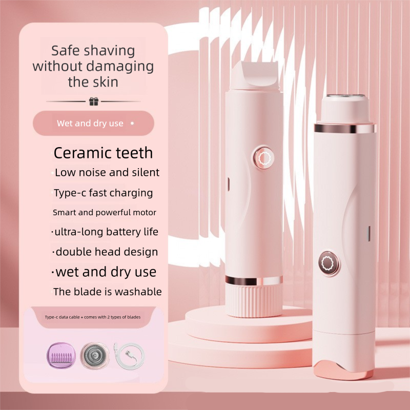 Pink Electric Hair Remover for Women 2-in-1 Dual Head Trimmer and Shaver with Ceramic Blades IPX7 Waterproof for Painless Full Body and Bikini Grooming