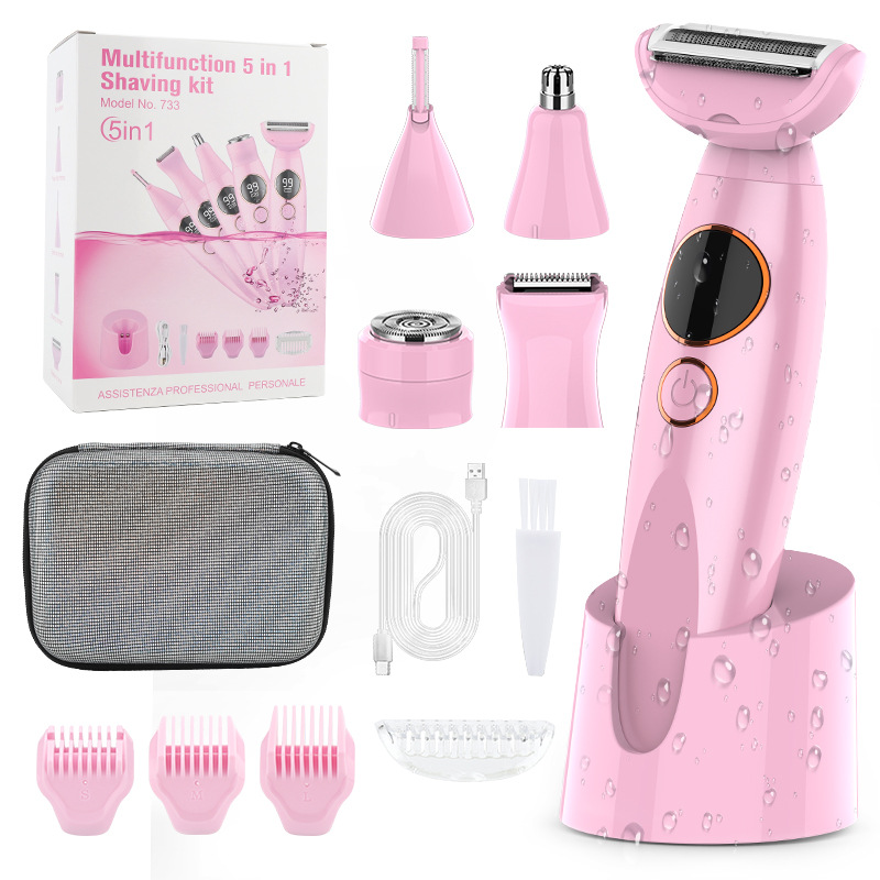 Pink 5-in-1 Women's Hair Removal Epilator – Multi-Function Body Grooming Kit with Waterproof Design, LED Display & USB Charging