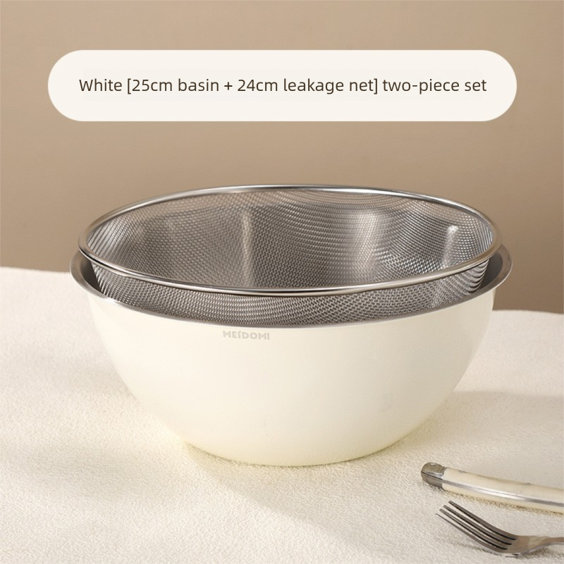 White Stainless Steel Mixing Bowl Set with Colander – Double-Layer Kitchen Basin for Salad, Washing, Mixing & Baking