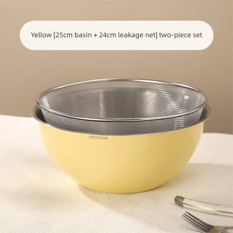Yellow Stainless Steel Mixing Bowl Set with Colander – Double-Layer Kitchen Basin for Salad, Washing, Mixing & Baking