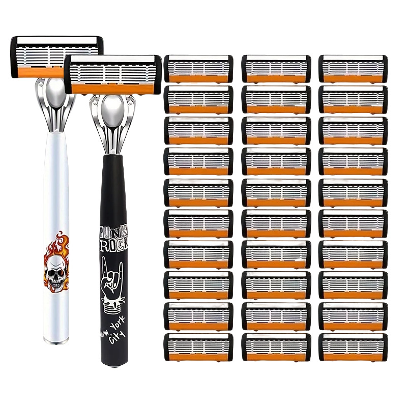 2-Pack 6-Layer Manual Razor with 30 Replacement Blades – Ultra-Close Shave for Men, Stainless Steel Handle with One-Click Blade Change