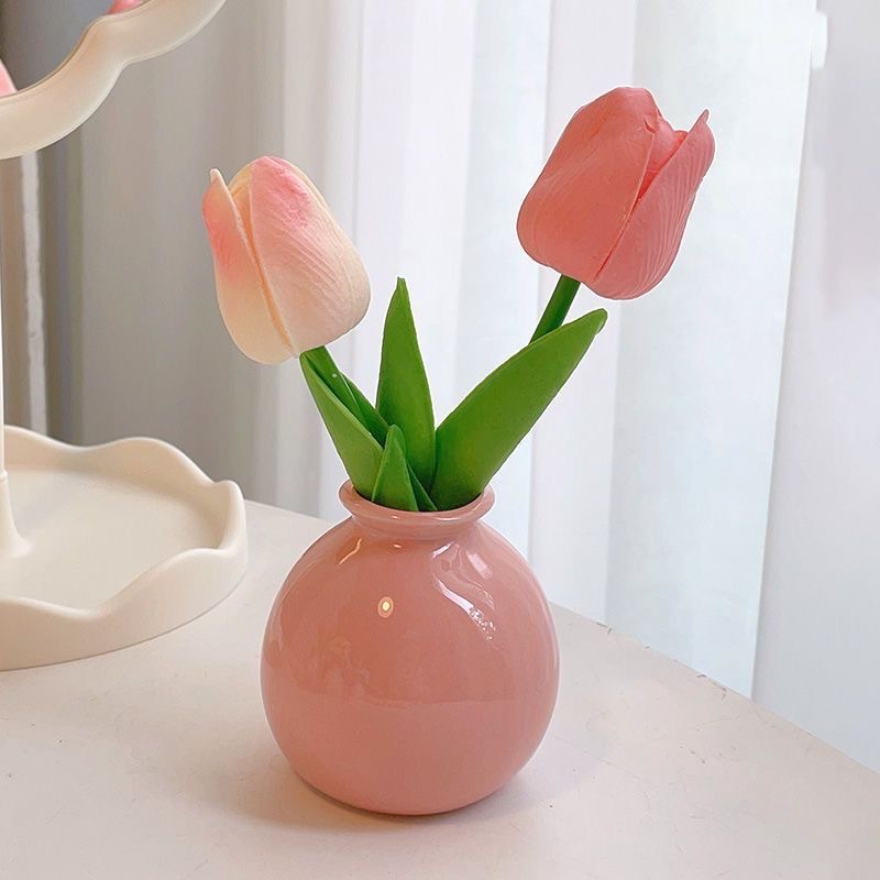 Ceramic Vase with Artificial Flowers Set – Mini Decorative Pot for Home Living Room or Desk Display(Dark pink vase and tulips)