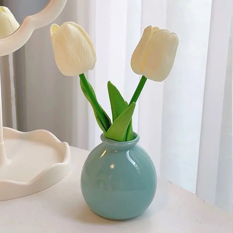 Ceramic Vase with Artificial Flowers Set – Mini Decorative Pot for Home Living Room or Desk Display(Blue bottle and white tulips)