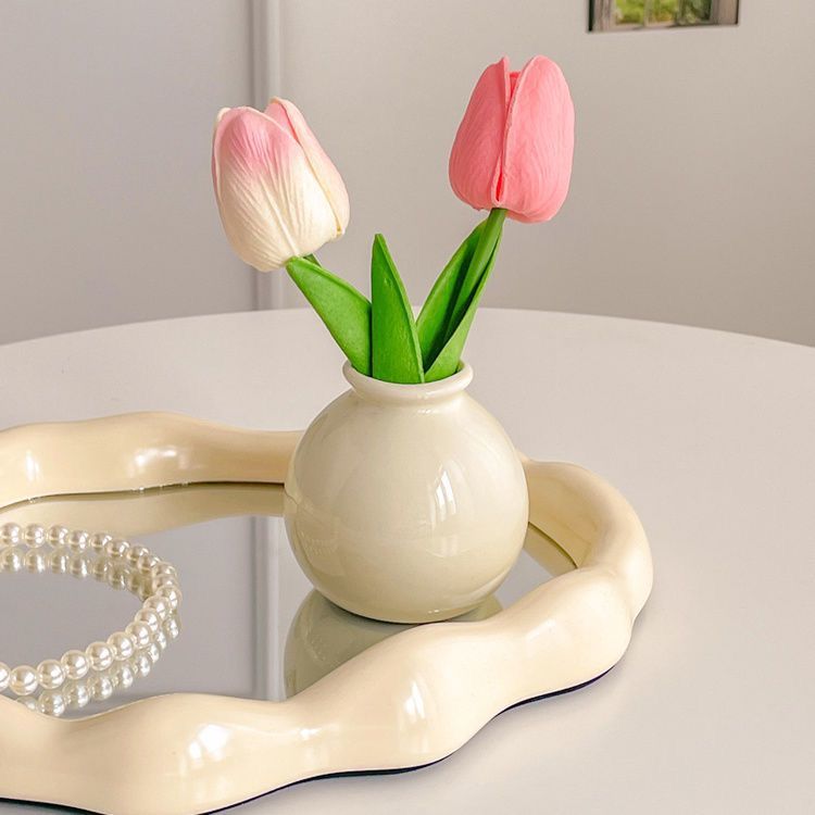 Ceramic Vase with Tulip Artificial Flowers Set – Mini Decorative Pot for Home Living Room or Desk Display
