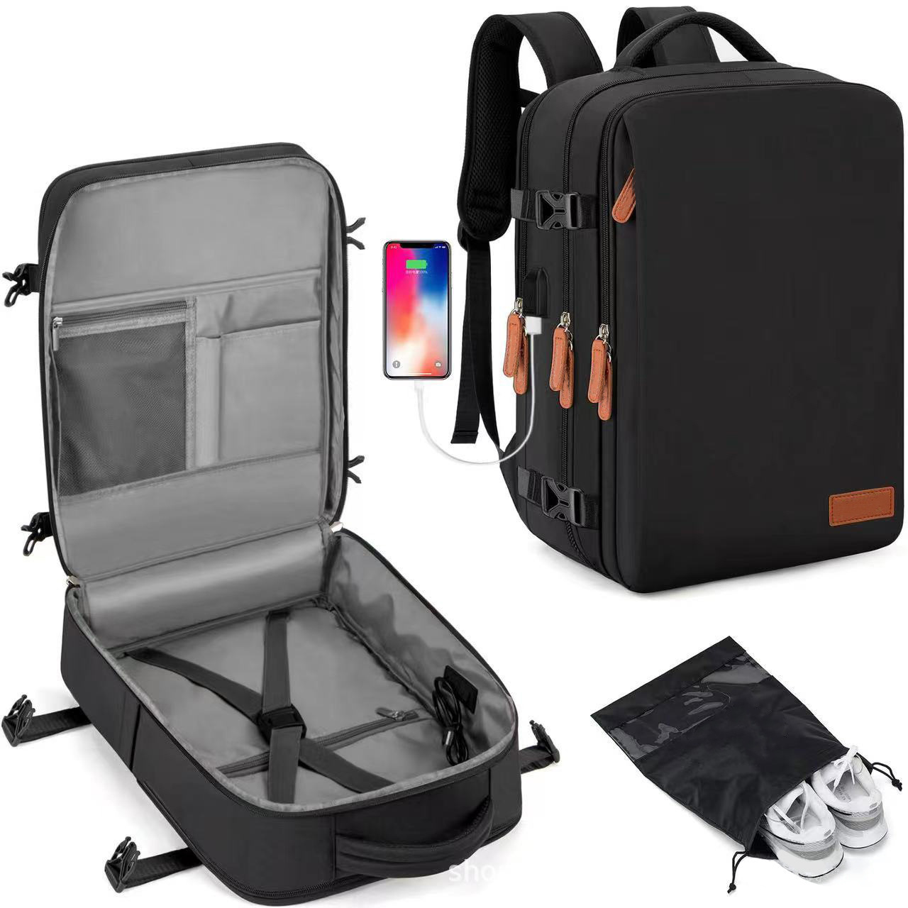 Black Large Capacity Backpack with USB Charging Port and Waterproof Fabric for Travel Work and Daily Use