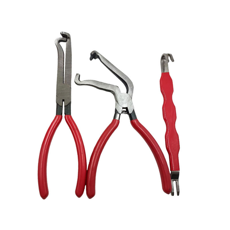 Red 3 Piece Automotive Wire Connector Removal Tool Set with Straight Bent and Dual End Pliers for Electrical Harness Disassembly