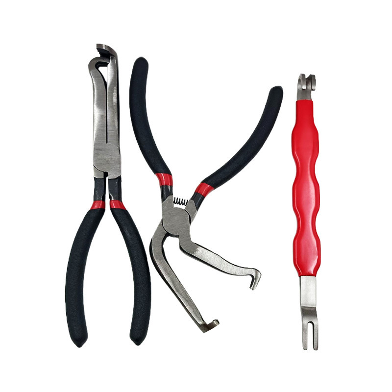 Black and red 3 Piece Automotive Wire Connector Removal Tool Set with Straight Bent and Dual End Pliers for Electrical Harness Disassembly