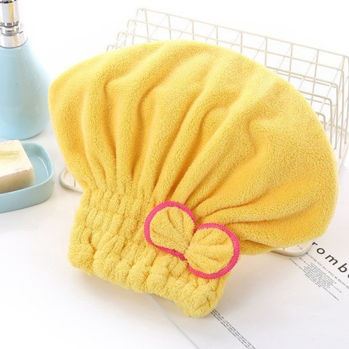 3-Pack Yellow Thickened Coral Fleece Hair Drying Towel Cap – Double-Layered Absorbent Turban with Bow Design for Fast Drying and Gentle Care